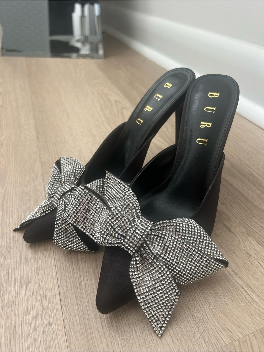 BURU Black Satin Pointed Mule with Crystal Bow